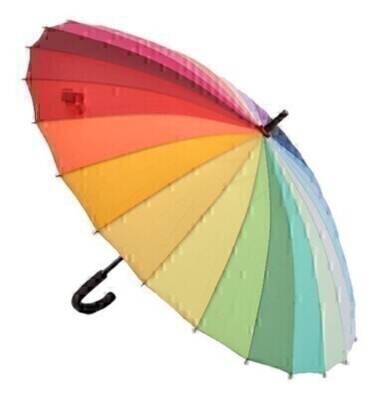 This wonderfully vibrant and colourful stick umbrella opens up to be very large providing plenty of coverage from the rain. A stunning  top selling range  with detailing and colours second to none. The 24 bright rainbow colours certainally give it the wow factor! With virtually unbreakable fibreglass ribs it allows for flexibility in windy conditions. A secure velcro fastening and black handle finish off this colourful design.